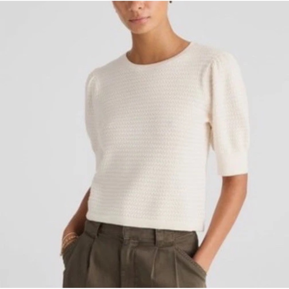 Madewell Merino Wool Silk Blend Puff Sleeve Sweater Tee Ivory Cream Small